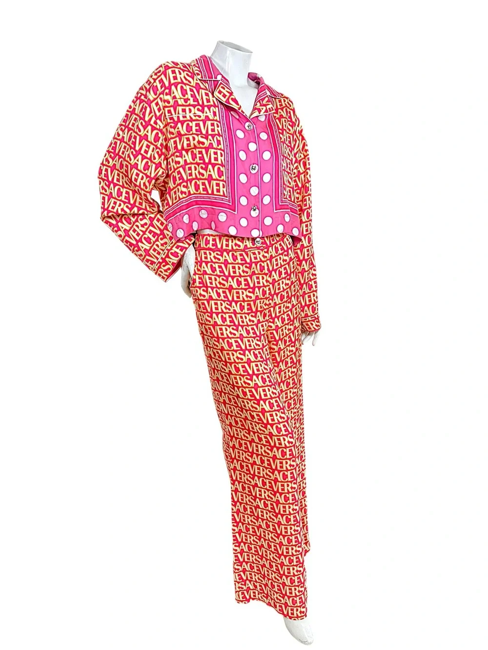 Versace x Dua Lipa 2023 Silk Logo Print Shirt & Wide Leg Pants Set